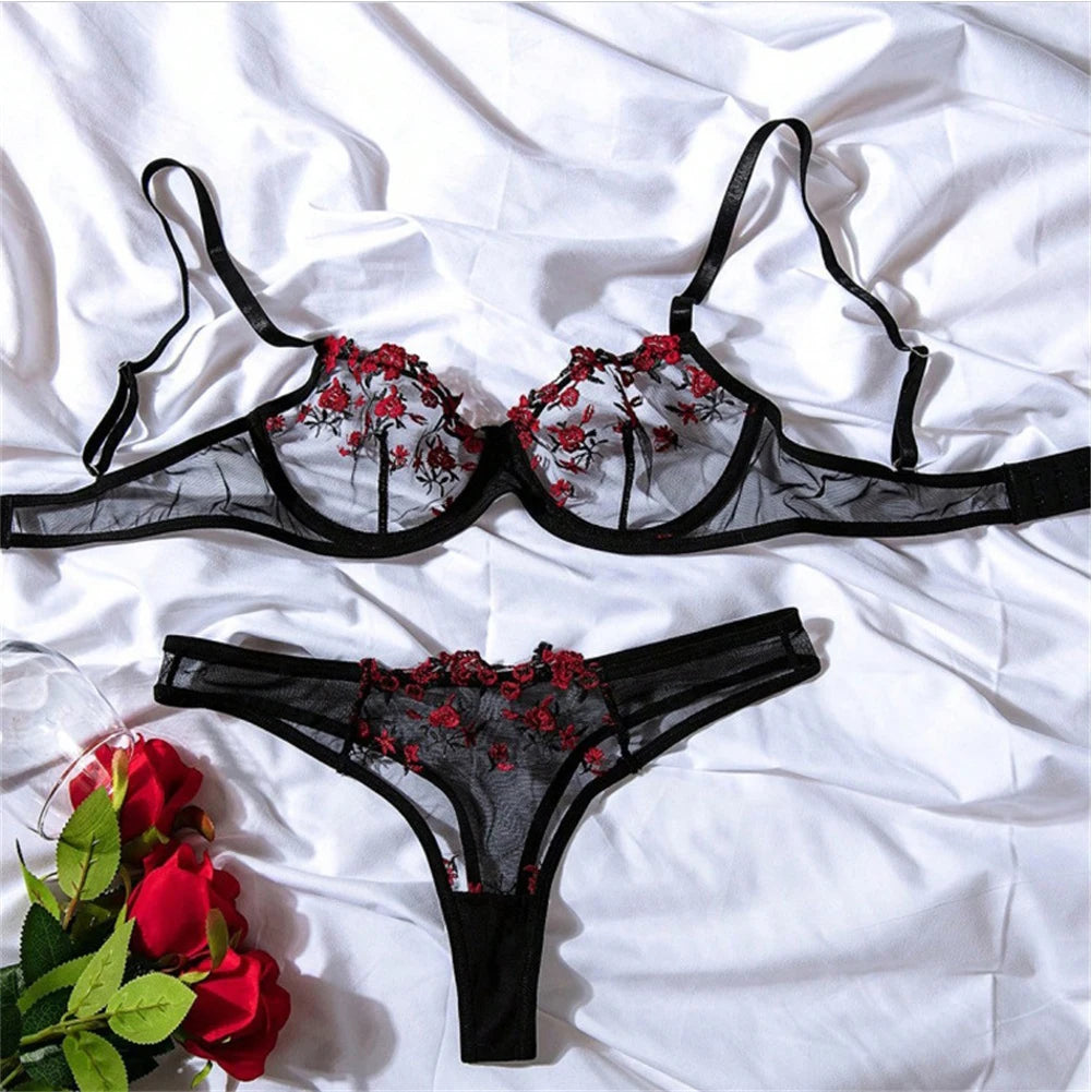 Sexy Lingerie Woman Lace Transparent Underwear Fairy Embroidery Brief Sets Delicate Bra Kit Push Up Breves Sets Erotic Bra - Melovskin