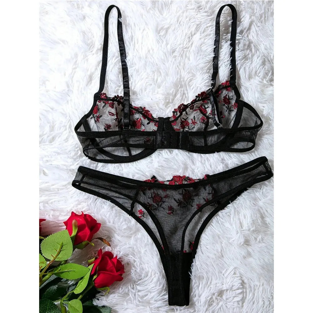 Sexy Lingerie Woman Lace Transparent Underwear Fairy Embroidery Brief Sets Delicate Bra Kit Push Up Breves Sets Erotic Bra - Melovskin