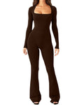 Slim fit square neck jumpsuit with long sleeves and flared legs, full-length design for women’s casual or formal occasions brown