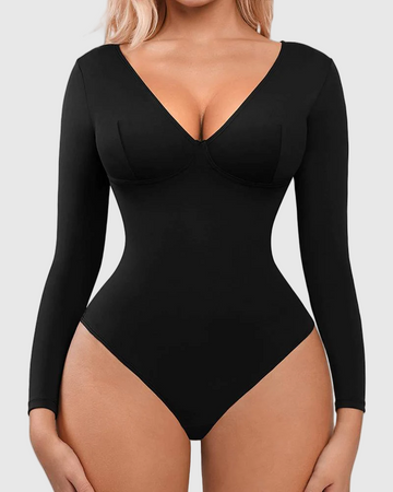 Tummy Control Long Sleeve Bodysuit V Neck One Piece Slim Top Shapewear