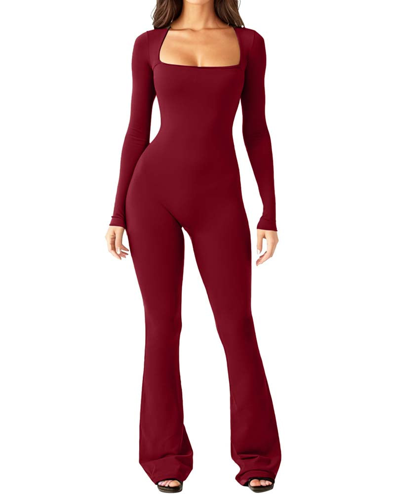 Slim fit square neck jumpsuit with long sleeves and flared legs, full-length design for women’s casual or formal occasions-red