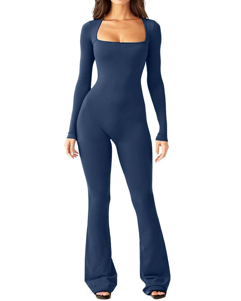 Slim fit square neck jumpsuit with long sleeves and flared legs, full-length design for women’s casual or formal occasions blue