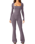 Slim fit square neck jumpsuit with long sleeves and flared legs, full-length design for women’s casual or formal occasions Violet